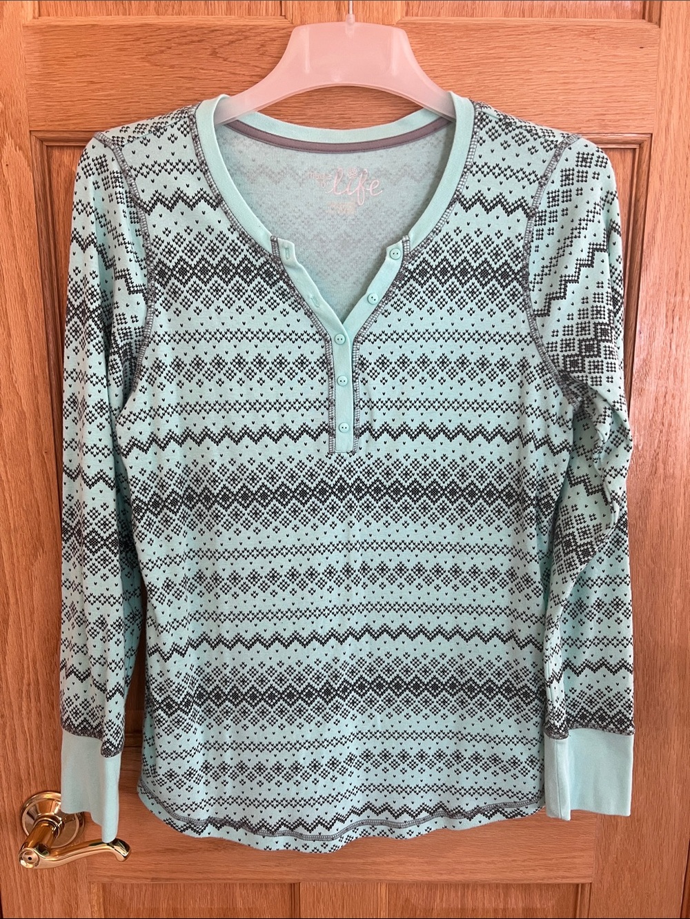 Made for Life Mint Green Long-Sleeve Henley with Black Fair Isle Pattern XL